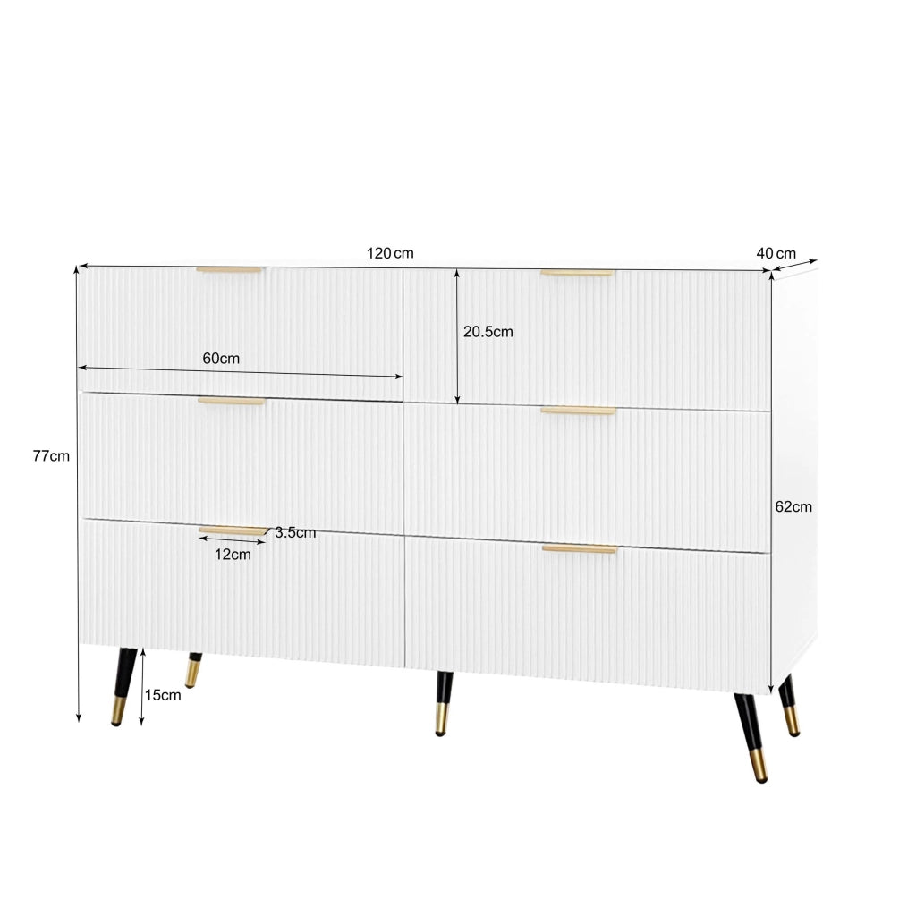 Credenza con 6 Cassetti; Maniglie e Gambe Dorate; Stile Moderno; in Pannello Truciolare; 120??40??77 cm; Bianco