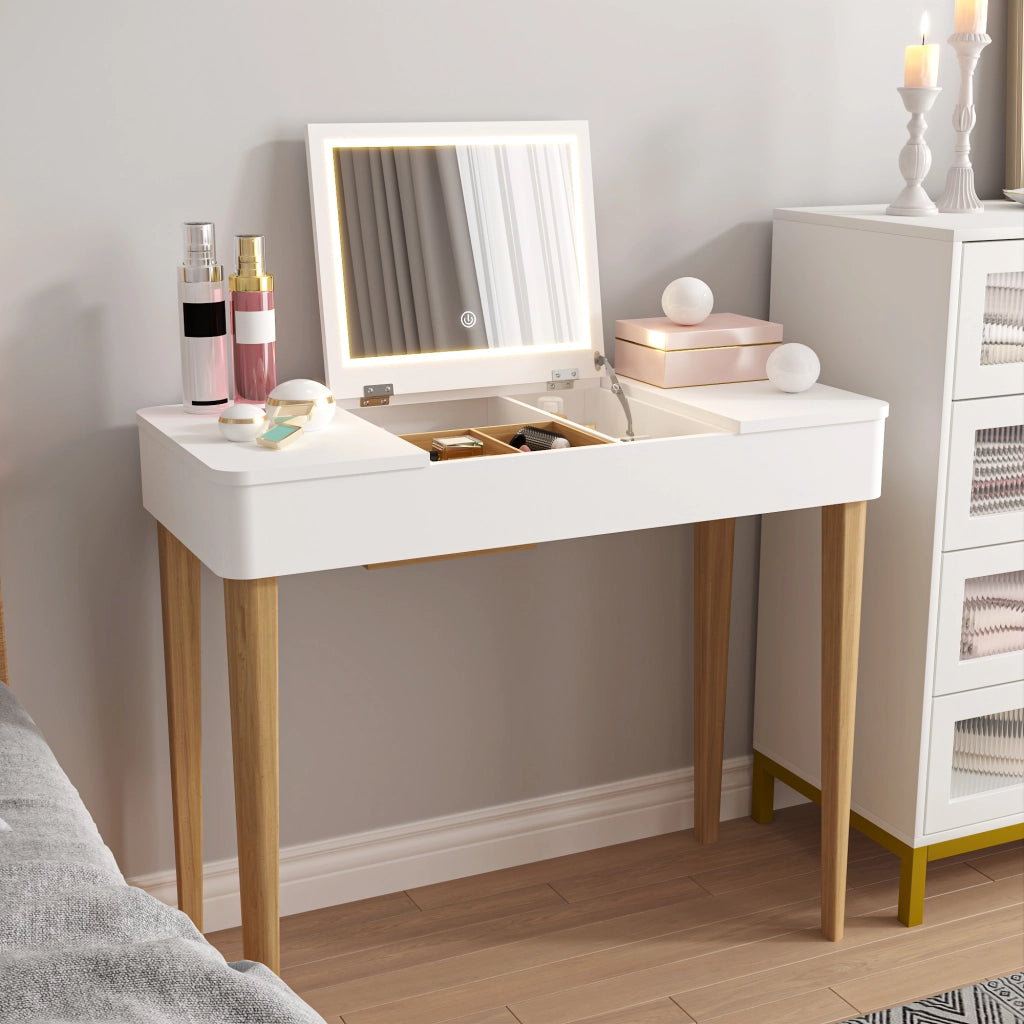 Tavolo Trucco con Specchio e Luce ¨C MINIMAL ¨C Bianco, Legno