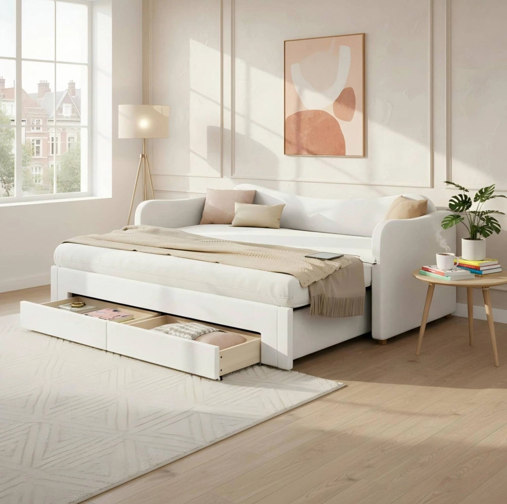 Letto imbottito estraibile 90x200/180x200 cm con 2 cassetti; USB e Type-C; velluto beige