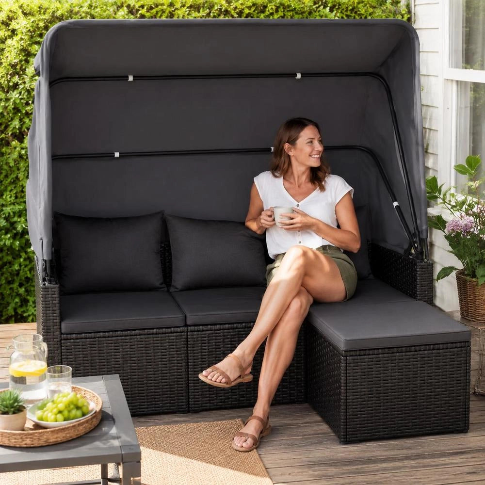 3-seater Garden Sofa With Canopy And Footstool, Black Poly Rattan