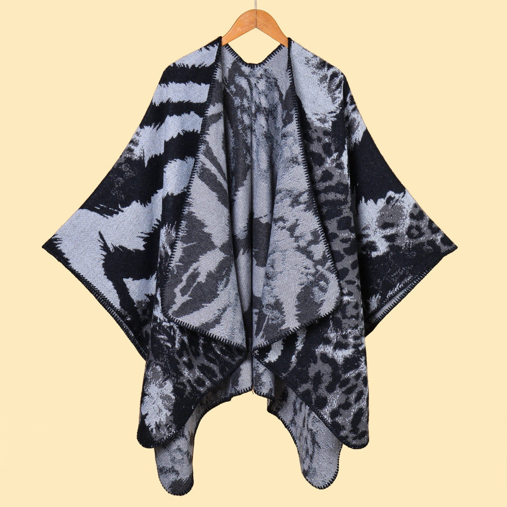 Sciarpa/mantella calda da donna in jacquard con spacco laterale, scialle classico con stampa animalier, ideale per le passerelle.