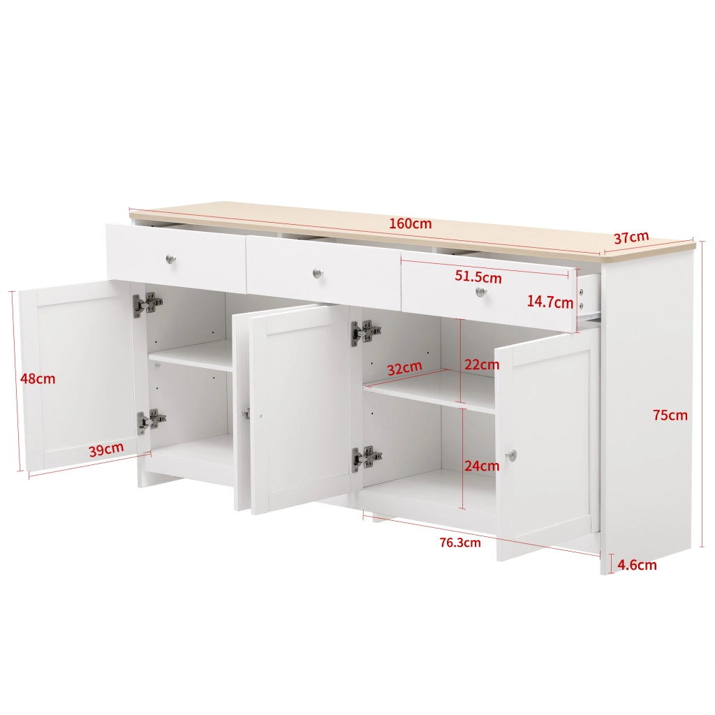 Credenza con 4 Ante e 3 Cassetti; Ripiani Regolabili; Stile Country; in MDF; Bianco; 160??37??75 cm