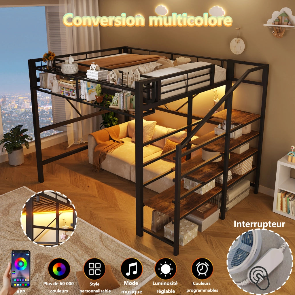 Letto a soppalco in metallo con scala, LED e contenitore, 140x200 cm, nero