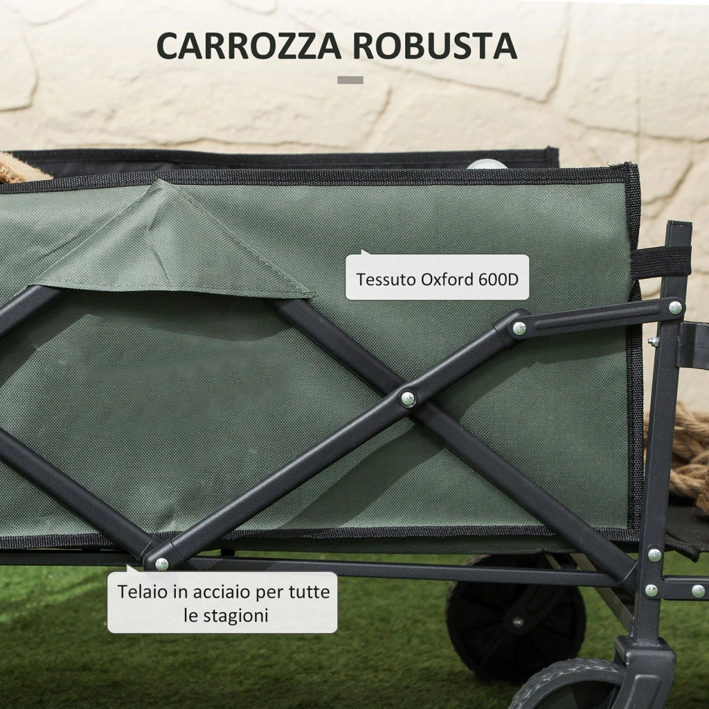 Carrello da Giardino 114x46x65-92 cm Capacità 72L Pieghevole con Pannello Apribile in Acciaio e Poliestere Verde