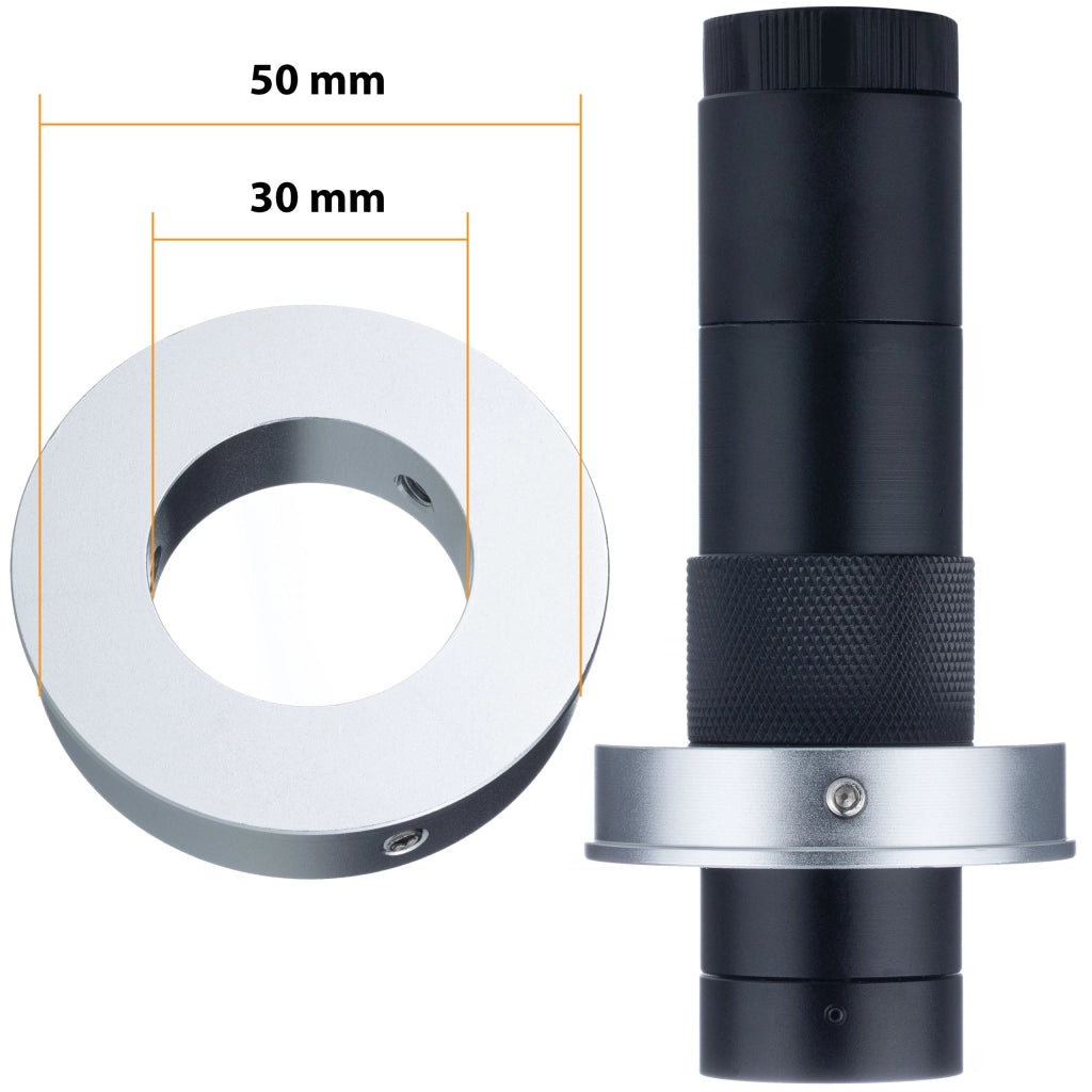 Obiettivo Microscopico C-Mount OptiZoom 1X-150X – Zoom 1:15, Distanza 50-1000mm, Adattatore 30-50mm, Peso 195g