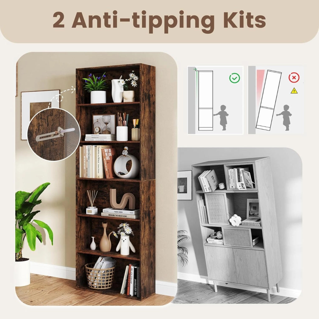 Libreria a 6 Livelli, Mobile Contenitore Aperto con 2 Kit Anti-Ribaltamento, Piedini Antiscivolo, Scaffale Moderno per Soggiorno, Camera da Letto e Ufficio, 660 x 23,5 x 178 cm (Marrone)