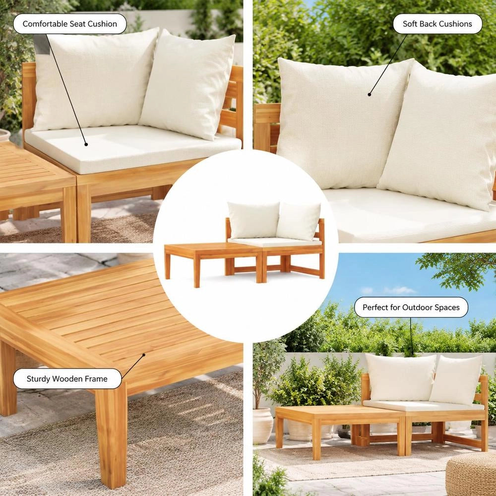 2-piece Garden Lounge Set With Cushions, Cream White, Acacia Wood