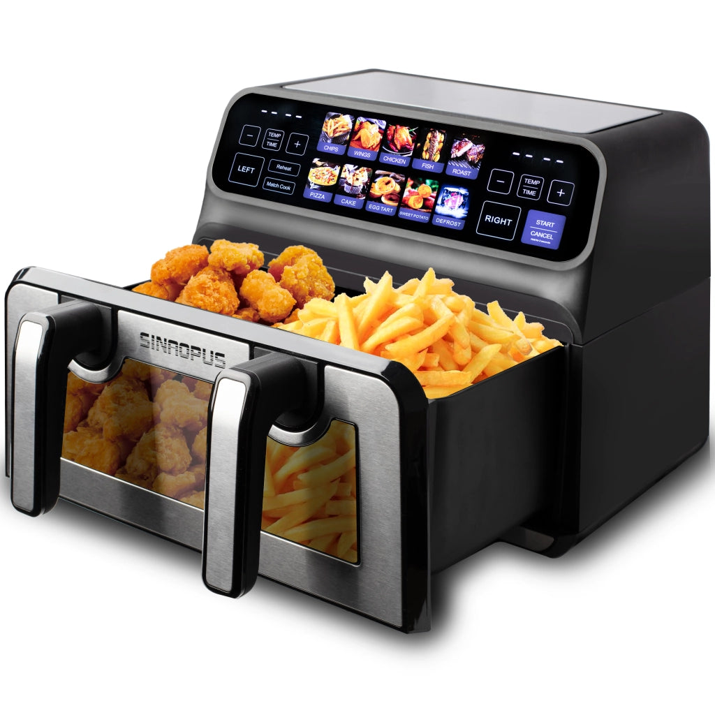 Friggitrice ad aria 9 l a doppia camera 2200 W con separatore rimovibile; 10 programmi touch e finestra