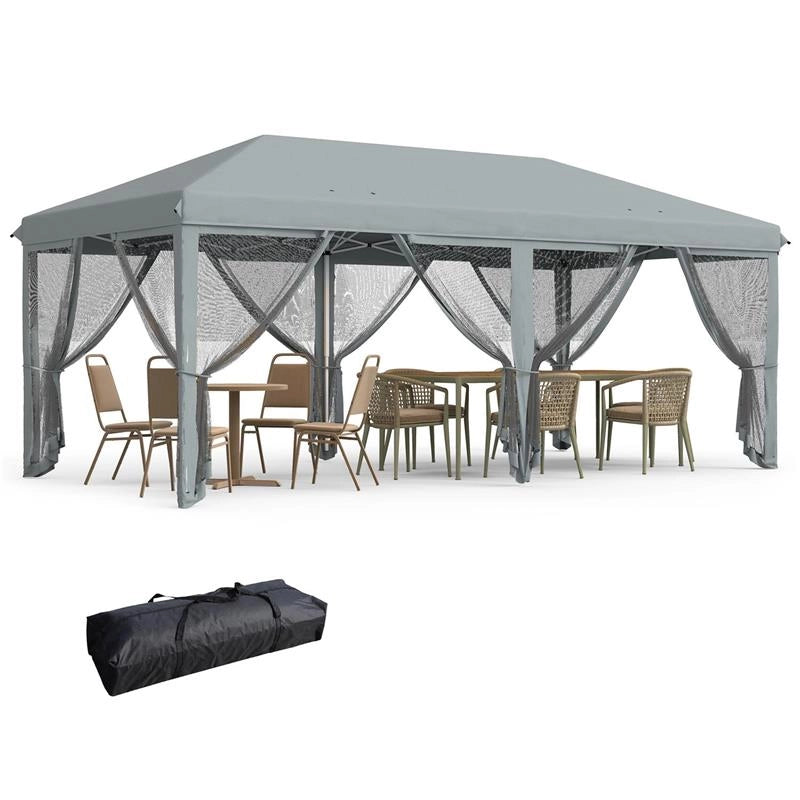 GAZEBO DA GIARDINO PIEGHEVOLE 6X3 M CON 6 ZANZARIERE E PULSANTE IN ACCIAIO E POLIESTERE GRIGIO