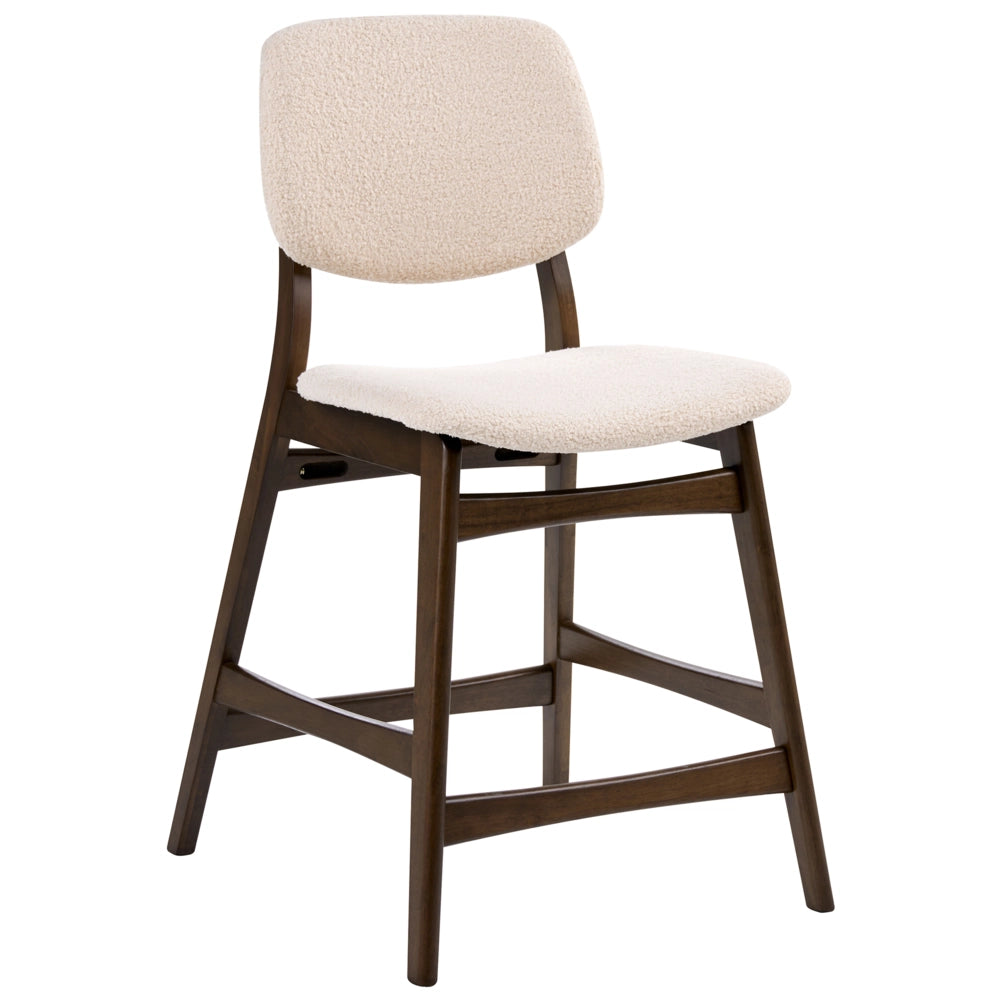 Set di 2 sedie da bar con struttura in legno di gomma marrone scuro e seduta in tessuto bouclé beige senza braccioli design retrò
