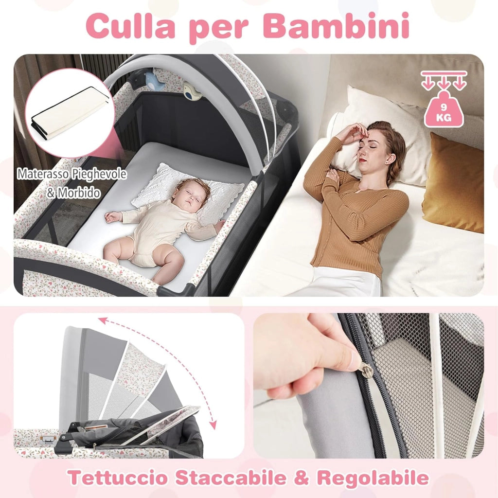 4 in 1 Lettino Neonato con Materasso, Culla da Campeggio con Fasciatoio Cappottina Regolabile, Ruote Bloccabili, Box Piechevole per Bambini 0-36 Mesi (Fiore Piccolo)