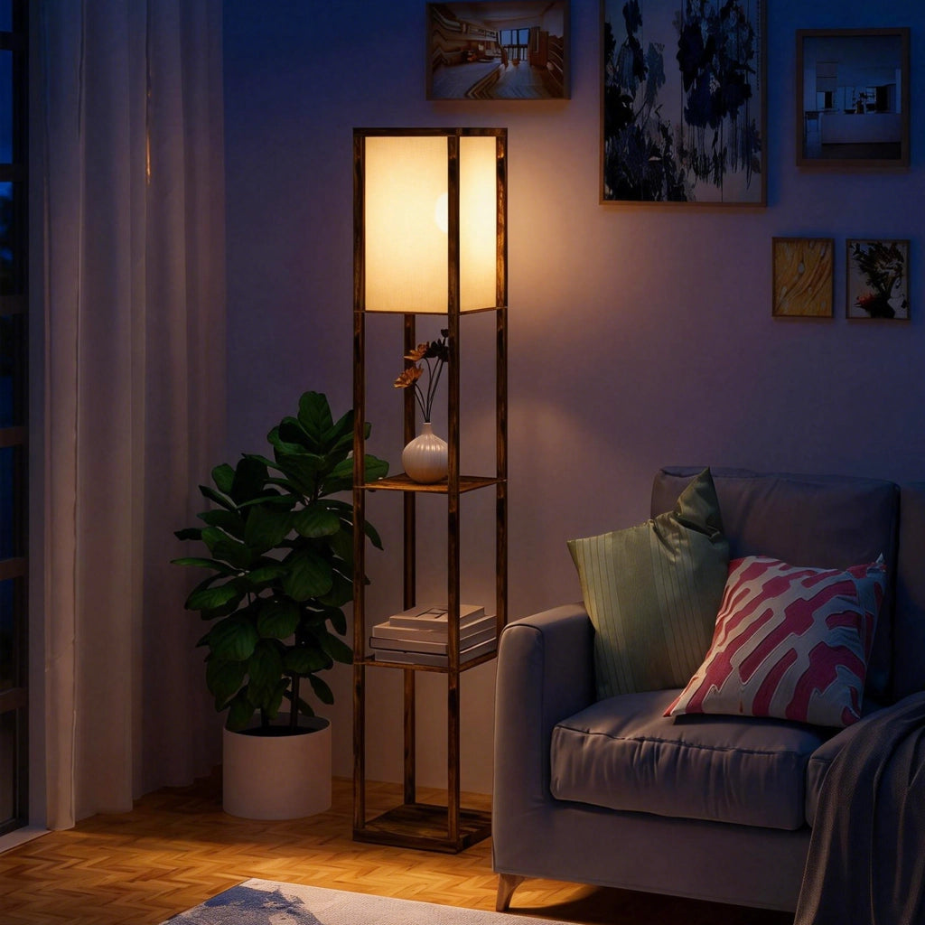 Lampada da Terra con 3 Mensole Integrate, Attacco E27 Potenza 40W, 26x26x160cm, Colore Legno