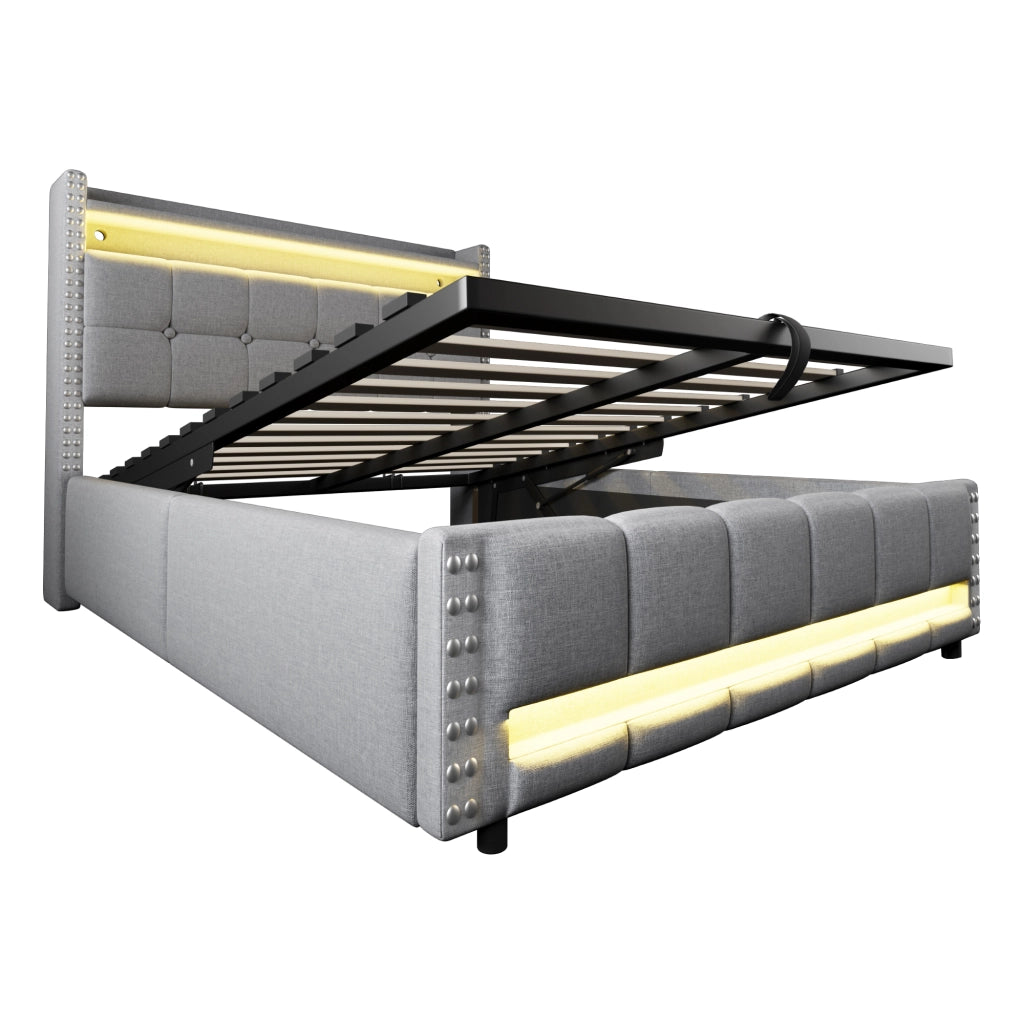 Letto contenitore matrimoniale 140×200 cm con LED; USB e testiera con ripiani; materasso senza; grigio chiaro