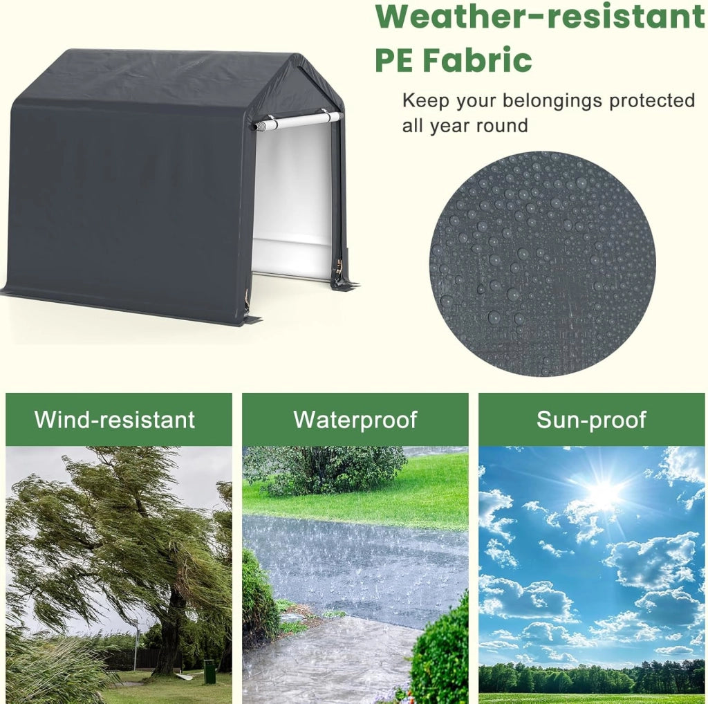 Capanno da Giardino 195 X 240 X 214 CM, Tenda Garage per Bici Moto Attrezzi, con Copertura en PE Impermeabile, Porta con Cerniera, Telaio in Metallo, Picchetti, per Esterno, Grigio