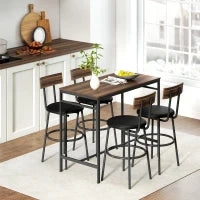 Set da Tavolo da Bar 5 Pezzi con 4 Sgabelli, Design Industriale, per Cucina, Sala da Pranzo, Legno, Acciaio, Marrone