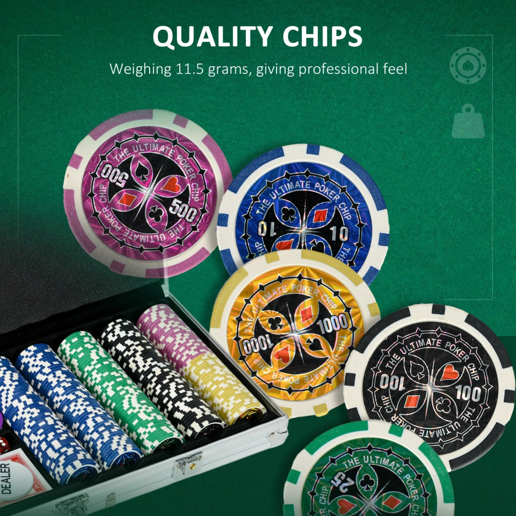 Set Poker per 9-10 Giocatori con 500 Fiches 2 Mazzi di Carte e 5 Dadi con Valigetta in Alluminio e Poliestere Argento