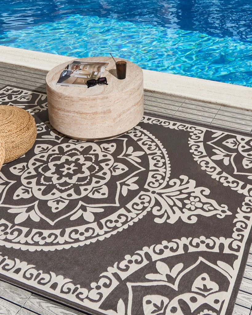 Tappeto rotondo moderno per interni e per esterni con motivo orientale 160 x 230 cm Grigio moderno balcone patio
