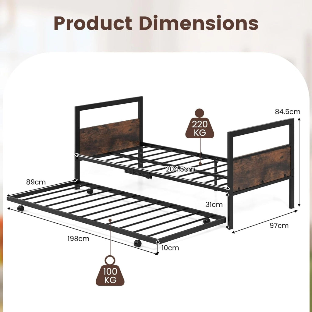 Letto giornaliero con cassetta letto estraibile, struttura letto 90 x 200 cm, con vano portaoggetti, letto per gli ospiti con rete a doghe, letto in metallo, letto estraibile industriale con