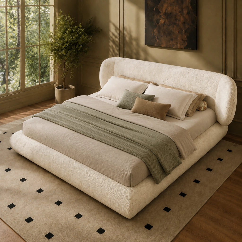 Letto 140x200 cm imbottito con testiera in ciniglia beige