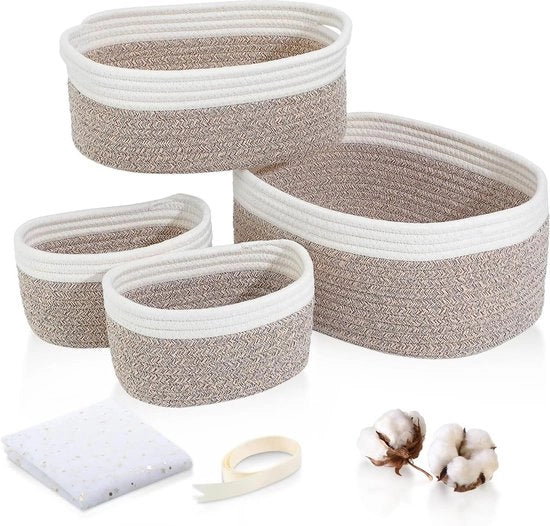 Set di 4 contenitori di stoccaggio a maglia di cotone con maniglia - Contenitori da stoccaggio sovrapposti per organizzatore della stanza dei bambini e organizzatore della doccia