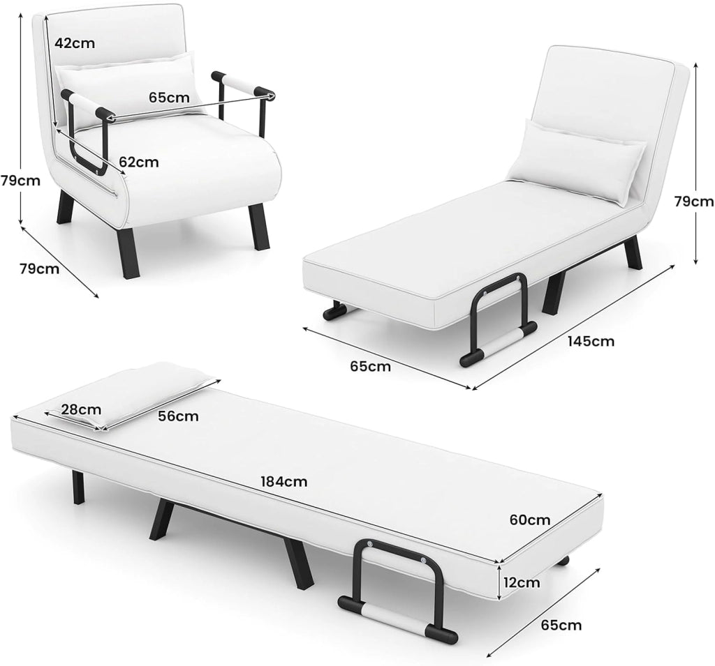 4 in 1 Poltrona Letto Singolo, Poltroncina Pieghevole con Schienale Regolabile in 6 Posizioni, Sedile Imbottito Robusto, Divano Letto per Casa Ufficio, 79x65x79 cm (Bianco)