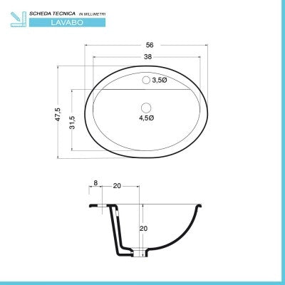 Lavabo da incasso soprapiano ovale 56x47,5 cm in ceramica lucida