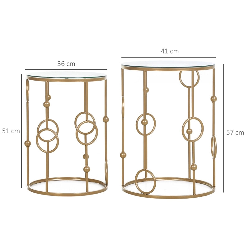 Tavolo da pranzo - set 2 tavolini - piano in vetro - design ruota e sfera - Ø41x57 cm - oro