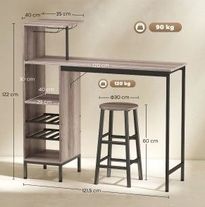 Set tavolo bar 3 pezzi 121.5x40x122 cm con portabottiglie e portabicchieri in MDF grigio