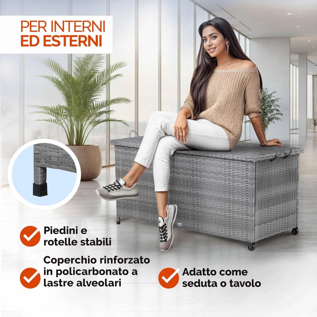 Baule da Giardino Salvaspazio 122x56x62cm Polyrattan Box Esterno con Rotelle Coperchio