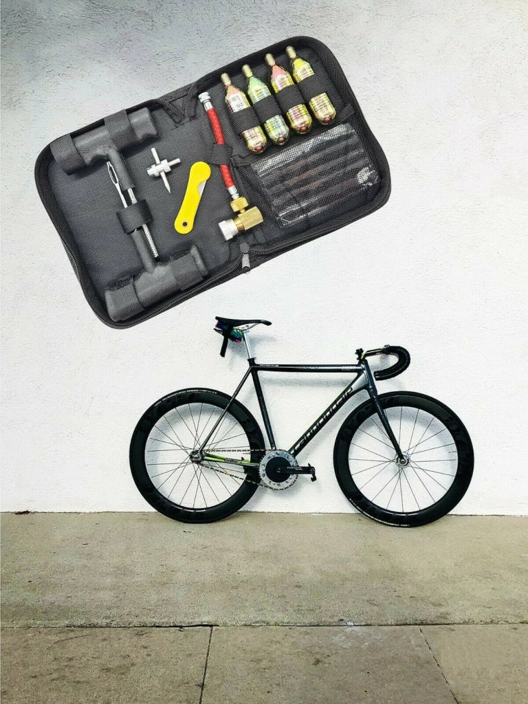 KIT RIPARAZIONE PNEUMATICO BICI MOTO CARTUCCE AD ARIA COMPRESSA KIT PORTATILE