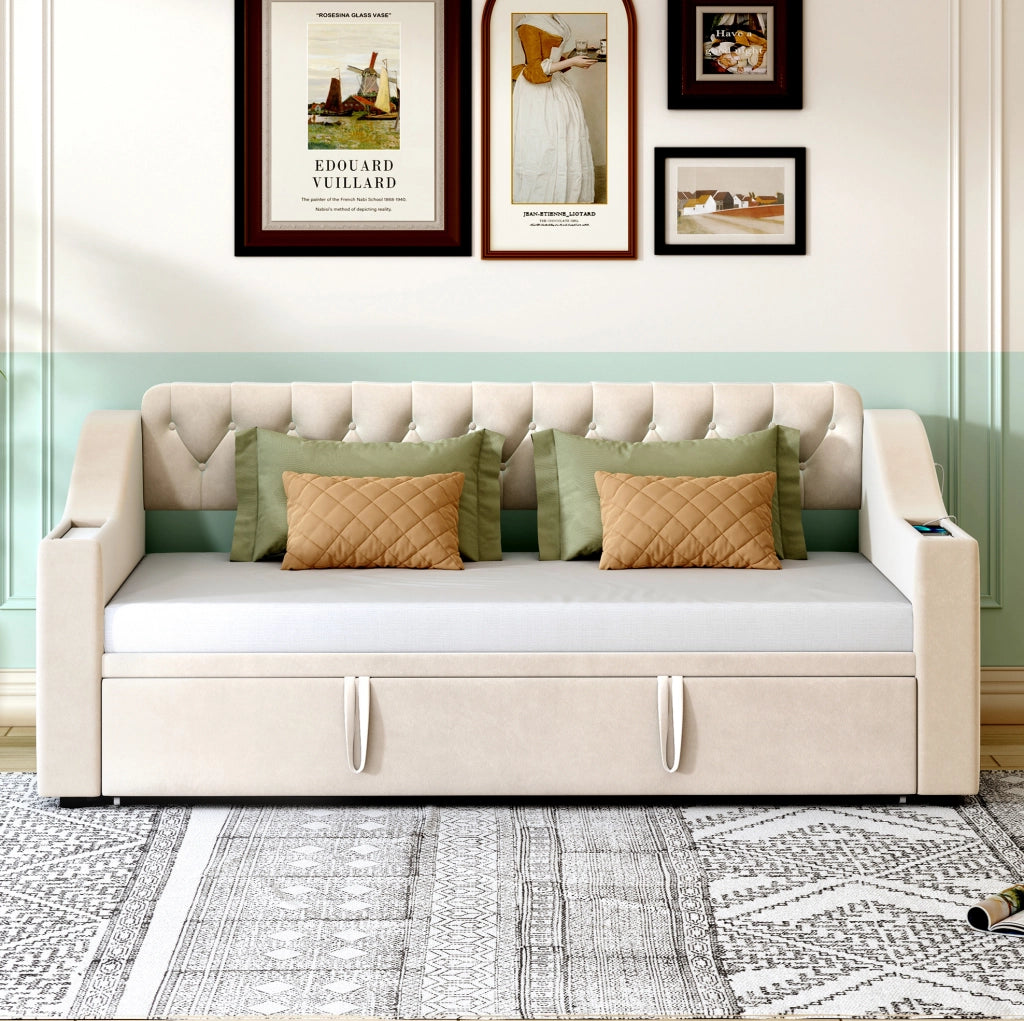 Divano letto imbottito 90x190 cm trasformabile in 180x190 cm; velluto beige con USB