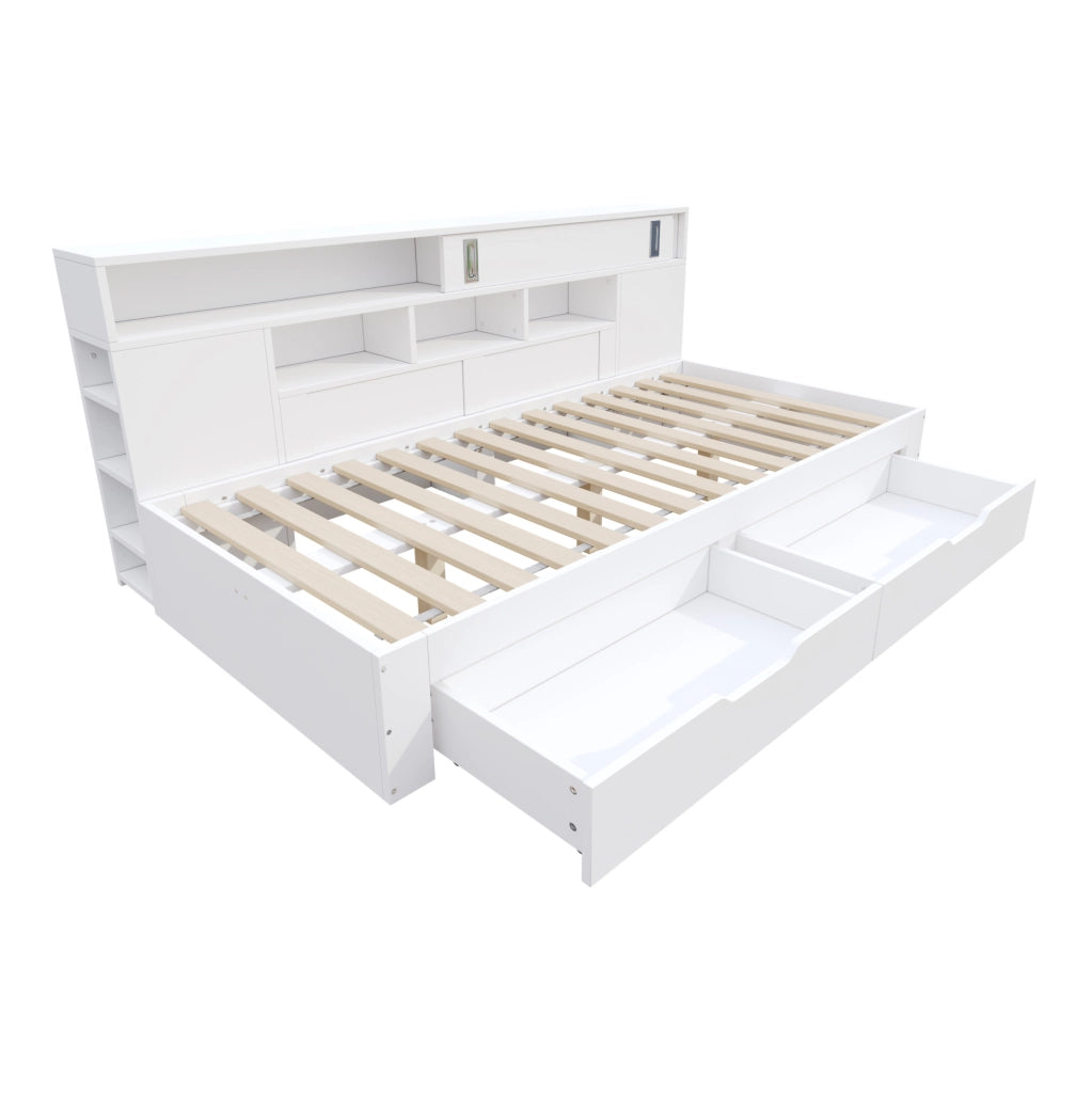 Letto singolo 90x200 cm con cassetti e vani contenitore; MDF; bianco (Senza materasso)