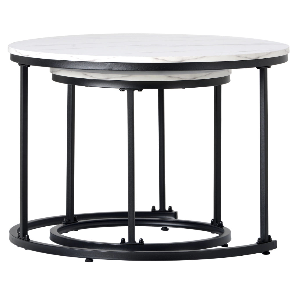 Set di 2 tavolini da caffè rotondi impilabili; effetto marmo bianco; piano in MDF