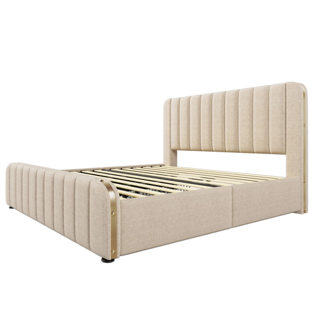Letto matrimoniale 180x200 cm in lino beige con testiera imbottita; USB e 4 cassetti