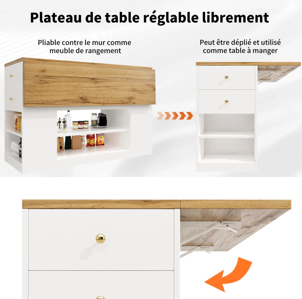 Isola da cucina pieghevole con contenitore in MDF e metallo bianca