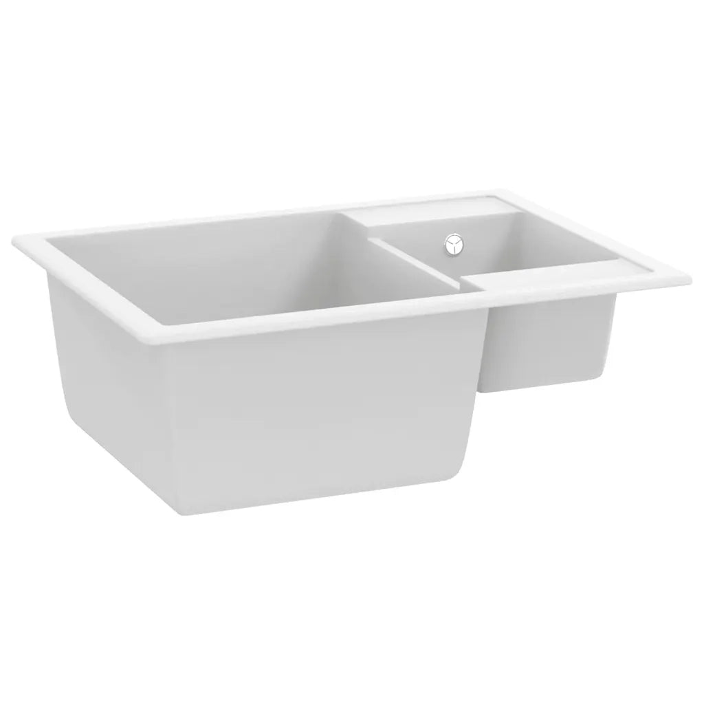 Lavello da Cucina Doppio con Foro Troppopieno-Lavandino-Lavabo Bianco in Granito
