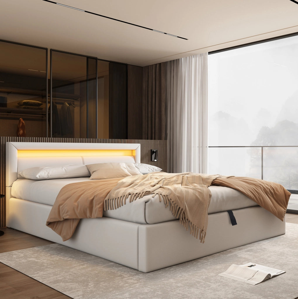 Letto imbottito 140x200 cm con contenitore e LED in PU bianco
