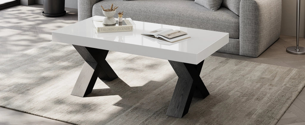 Tavolino da caffè rettangolare 100 × 50 × 40 cm con piano lucido e gambe a X in MDF bianco e nero
