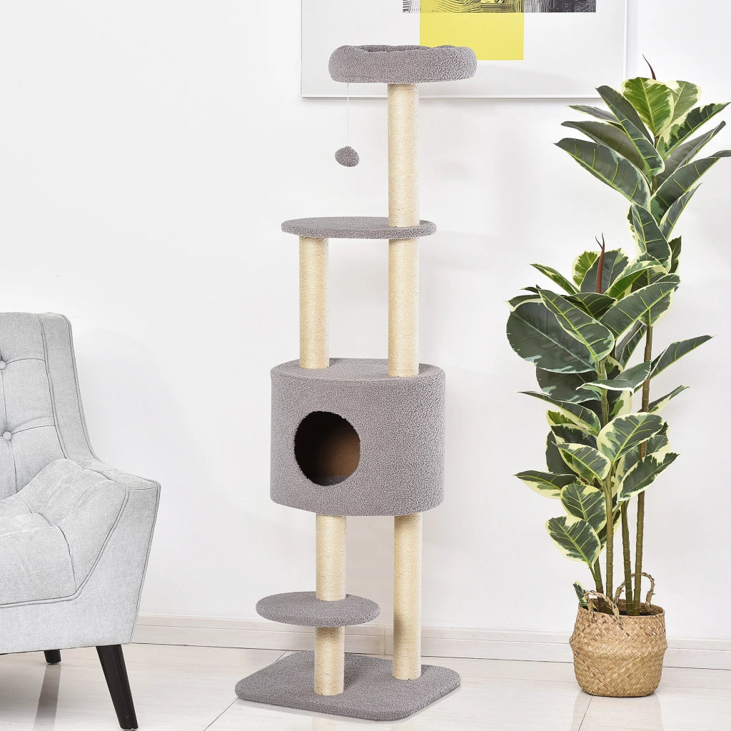 Albero tiragraffi per gatti con piattaforme e pallina ¨C zephmum ¨C grigio 148 cm
