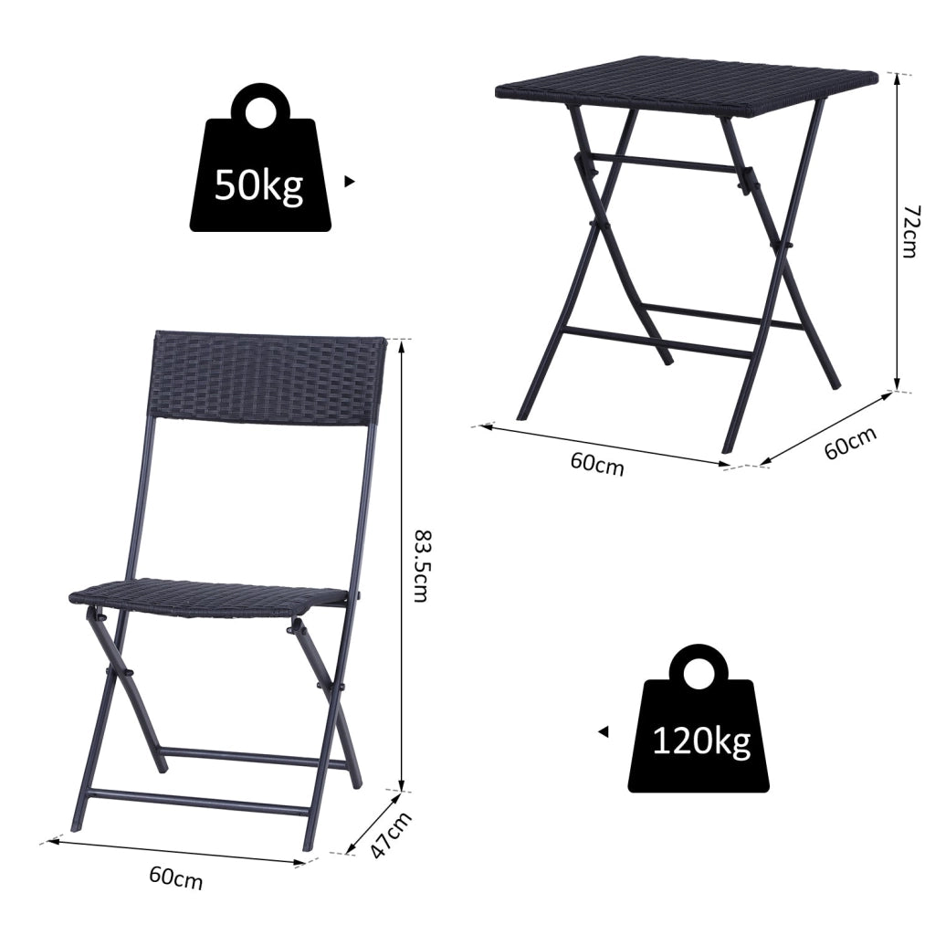 Set Tavolino e 2 Sedie Pieghevoli da Giardino in Rattan Sintetico Nero