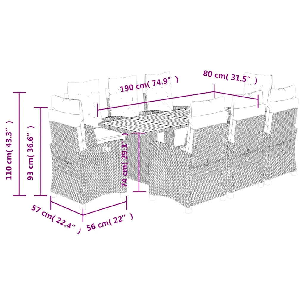 Set da Pranzo da Giardino 9 pz con Cuscini Nero in Polyrattan 3212937