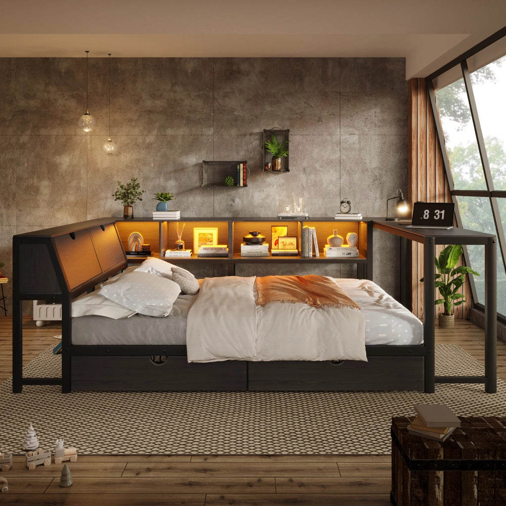 Letto in metallo 140x200 multifunzionale con scrivania integrata, testiera contenitore e LED, nero