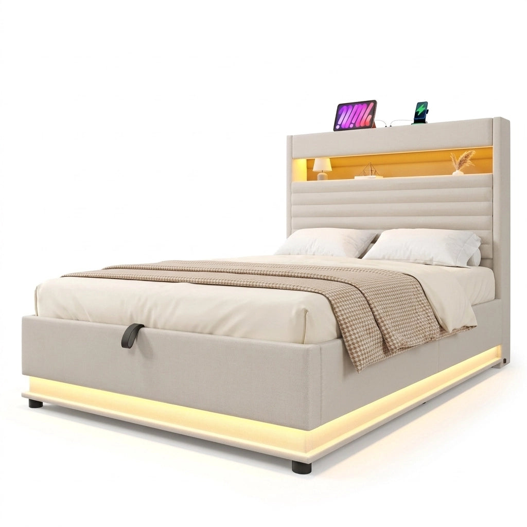 Letto imbottito 90x200 cm con contenitore idraulico; LED e porte USB/Type-C; beige