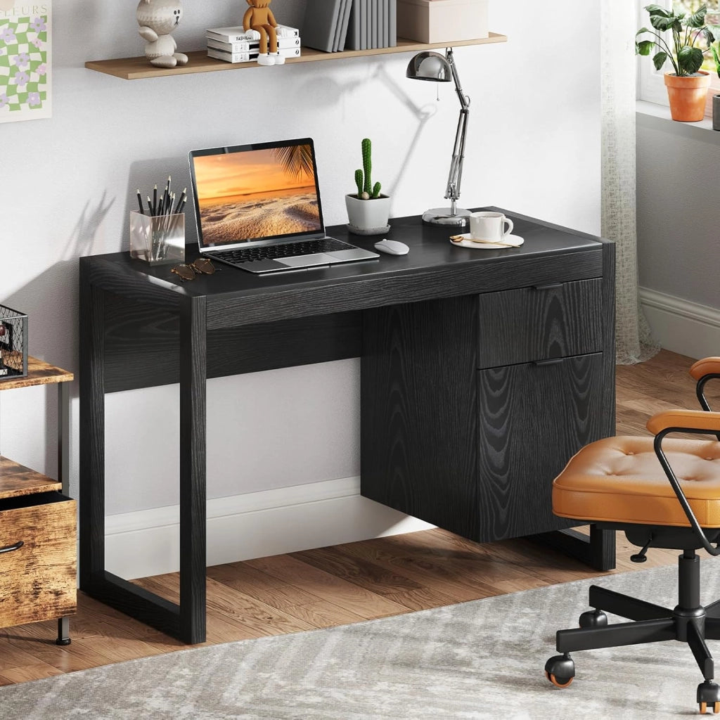 Scrivania per Computer, Scrittoio per Studio Moderno con Cassetto e Armadietto Spazioso in Legno Solido, per Ufficio/Casa, Portata di 70kg, 112,5x 50x75cm, Bianco (Nero)