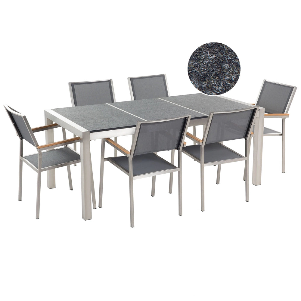 Set da Giardino Tavolo Piano Basalto Fiammato 6 Sedie Grigie 180 x 90 cm