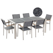 Set da Giardino Tavolo Piano Basalto Fiammato 6 Sedie Grigie 180 x 90 cm