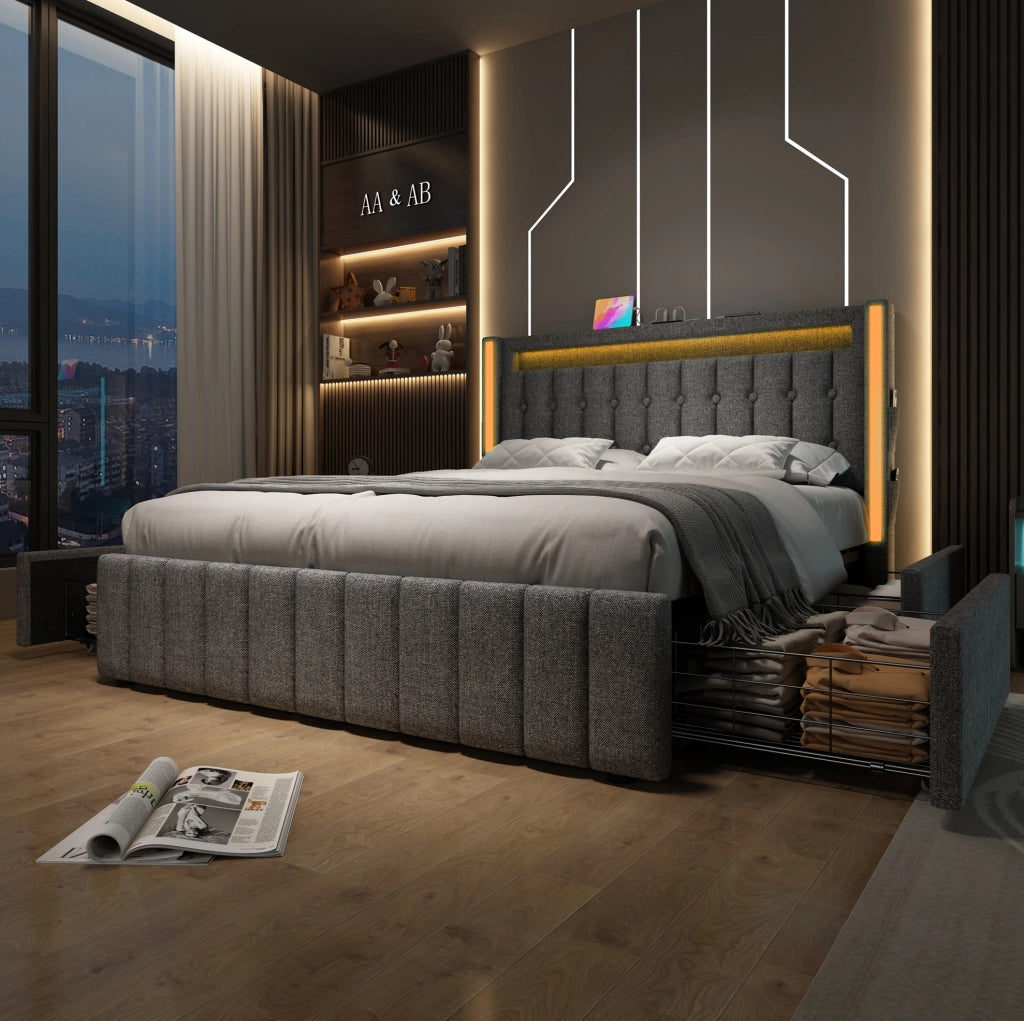 Letto matrimoniale 160x200 cm con 4 cassetti; USB; Type-C e LED; lino grigio