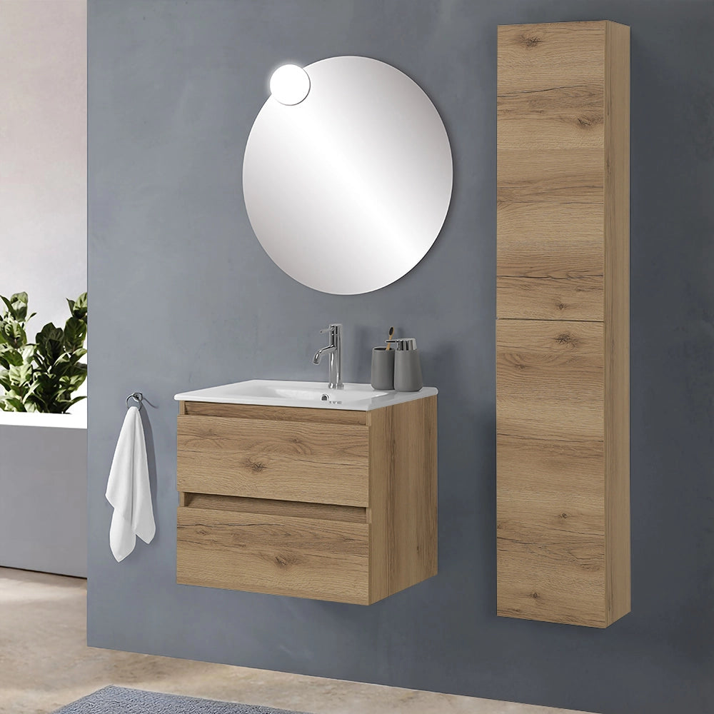 Colonna bagno sospesa H160 cm in legno color quercia naturale con ripiani Leda