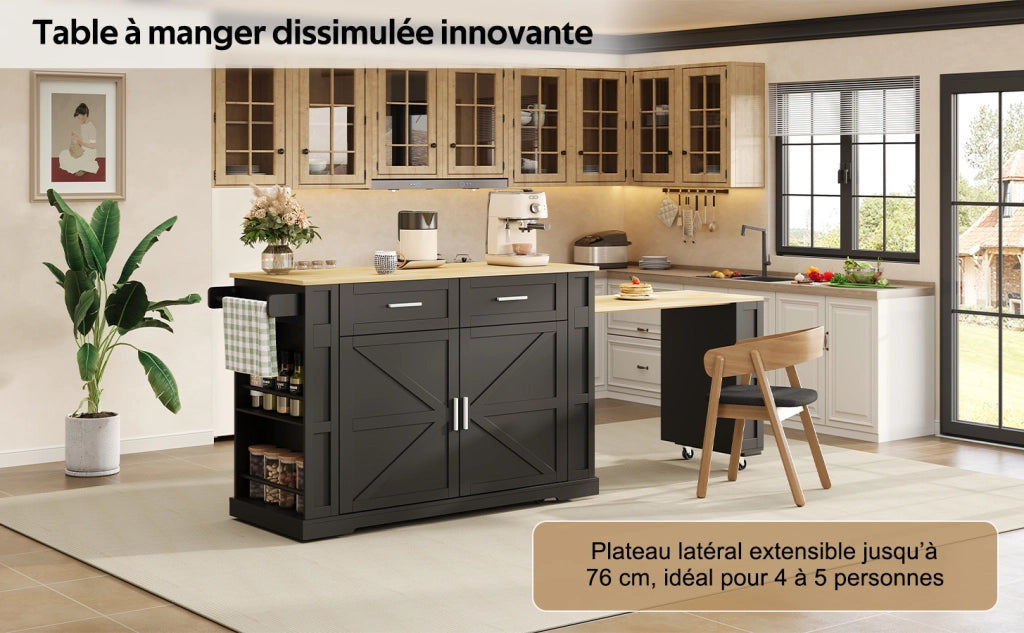 Isola da cucina mobile con piano estraibile, prese integrate, 2 cassetti, armadio a doppia anta e ruote con freno