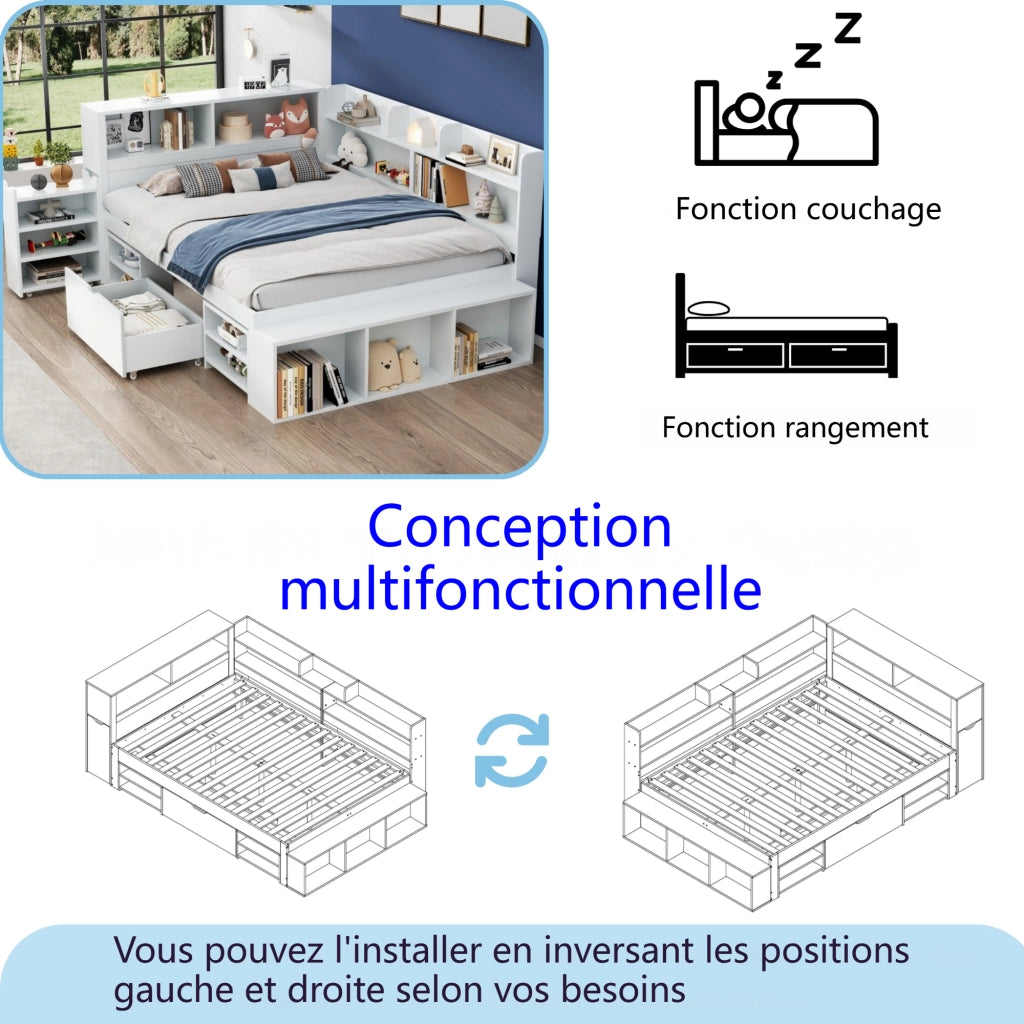 Letto per Bambini 140x190 cm; Letto Singolo con Cassetti e Ripiani; Compensato Bianco